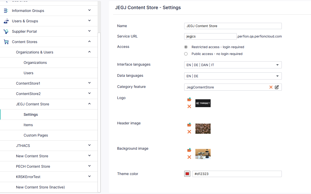 Perfion Content Store-settings